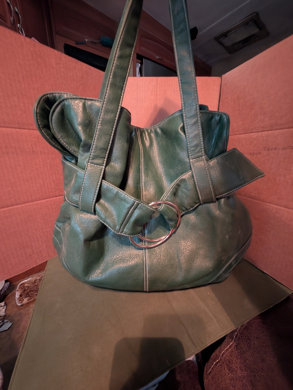 Maurices Deep Green Leather Shoulder Tote with Ring Accent